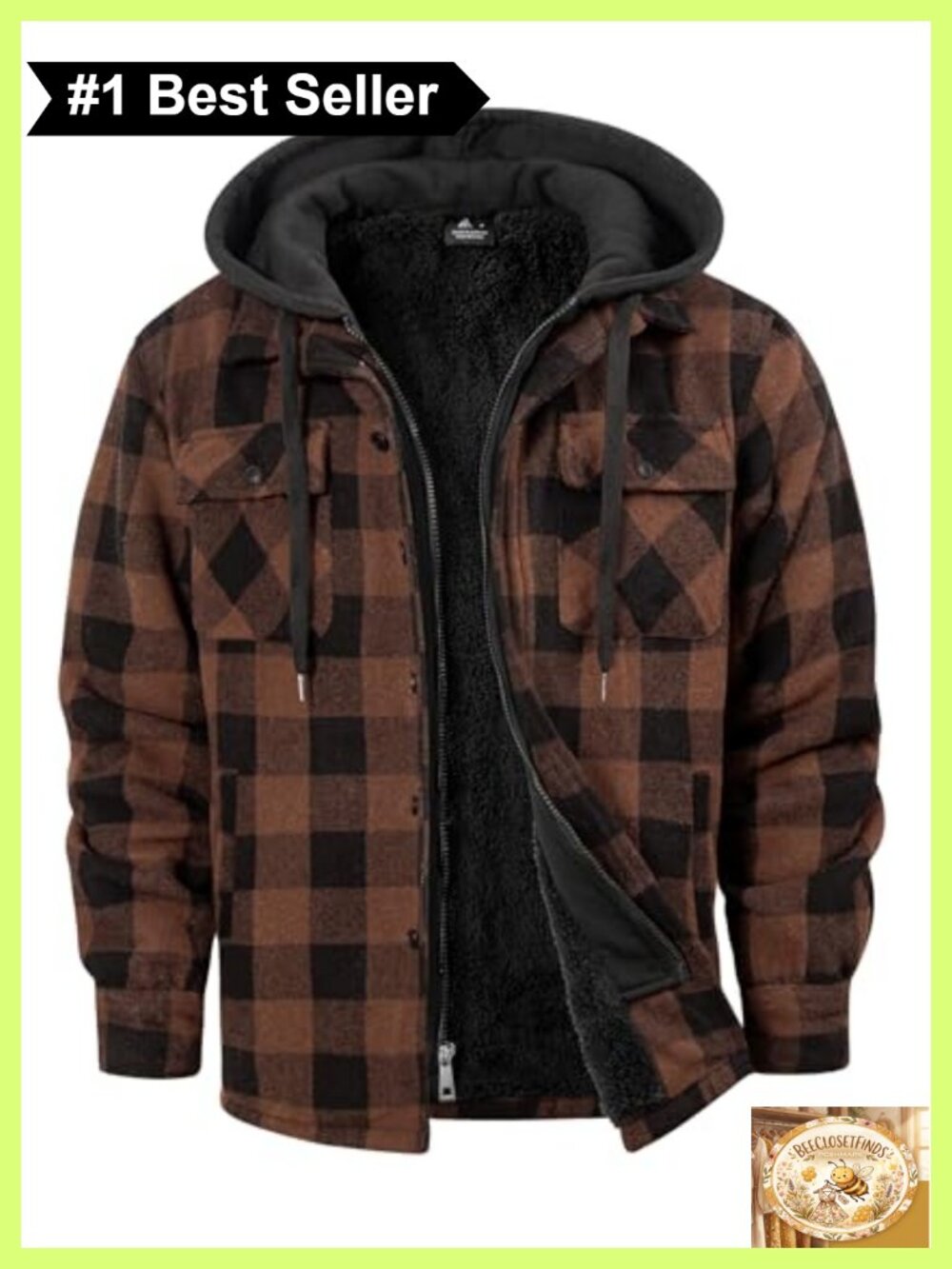 Men's Sherpa Lined Plaid Flannel Hoodie Jacket Zip Up